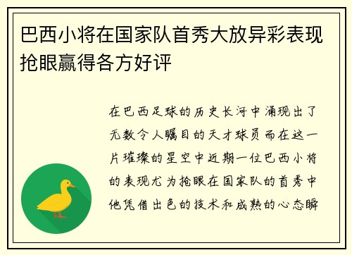 巴西小将在国家队首秀大放异彩表现抢眼赢得各方好评