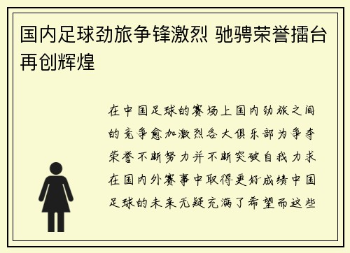 国内足球劲旅争锋激烈 驰骋荣誉擂台再创辉煌