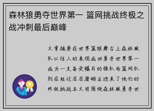 森林狼勇夺世界第一 篮网挑战终极之战冲刺最后巅峰